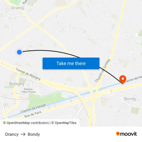 Drancy to Bondy map