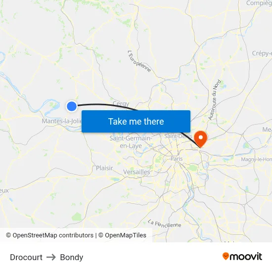 Drocourt to Bondy map