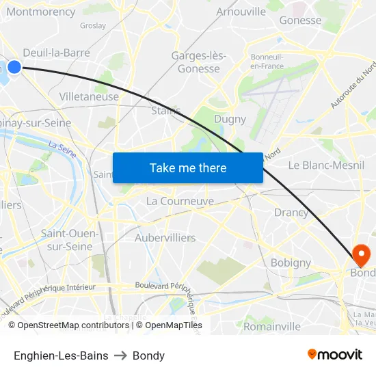 Enghien-Les-Bains to Bondy map