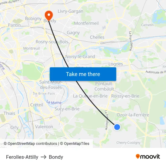Ferolles-Attilly to Bondy map