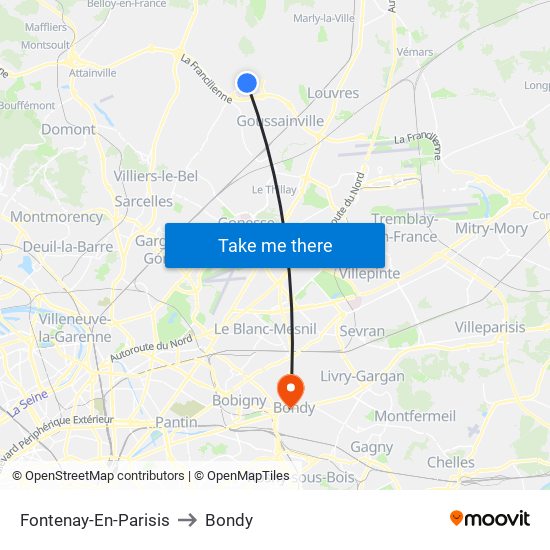 Fontenay-En-Parisis to Bondy map