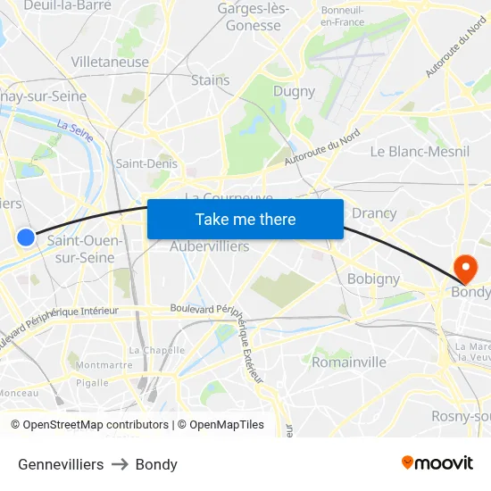 Gennevilliers to Bondy map