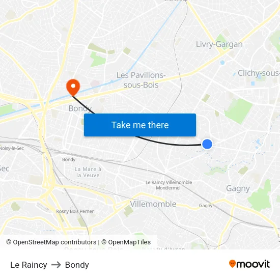 Le Raincy to Bondy map
