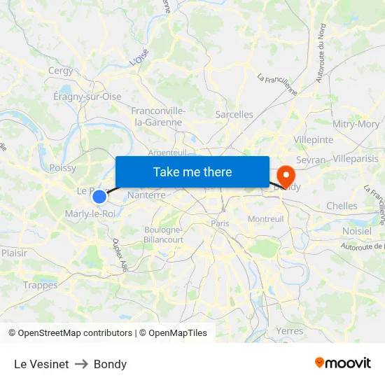 Le Vesinet to Bondy map