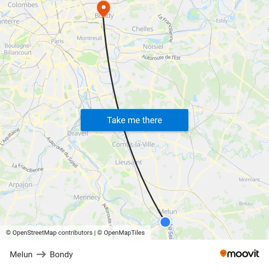 Melun to Bondy map