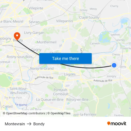 Montevrain to Bondy map