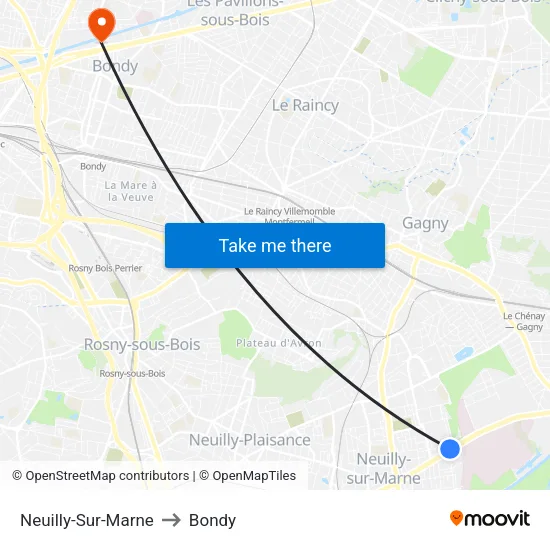 Neuilly-Sur-Marne to Bondy map