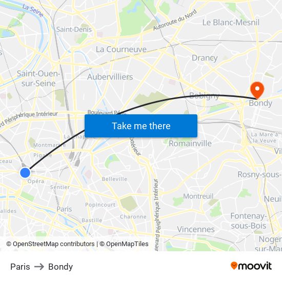 Paris to Bondy map