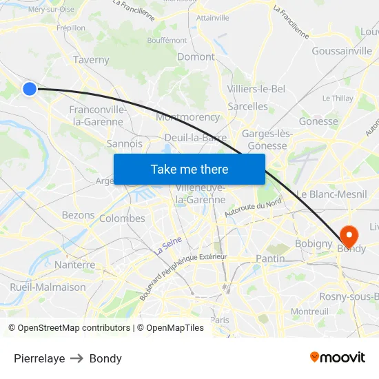 Pierrelaye to Bondy map