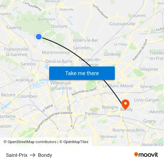Saint-Prix to Bondy map