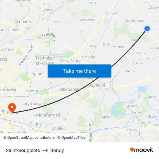 Saint-Soupplets to Bondy map