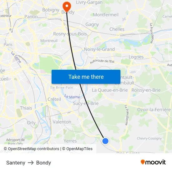 Santeny to Bondy map