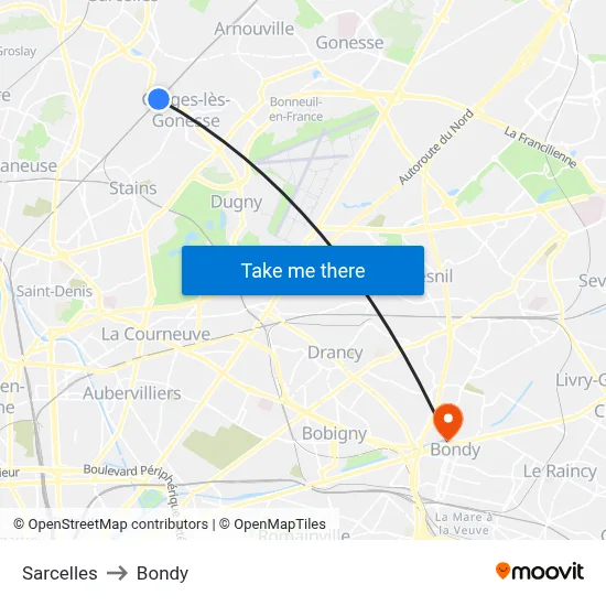 Sarcelles to Bondy map