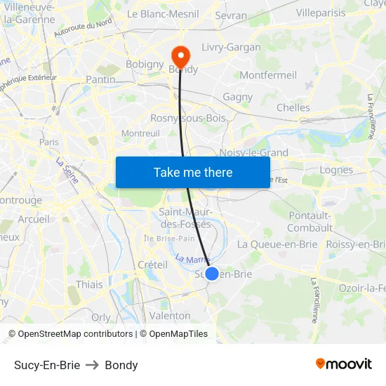 Sucy-En-Brie to Bondy map