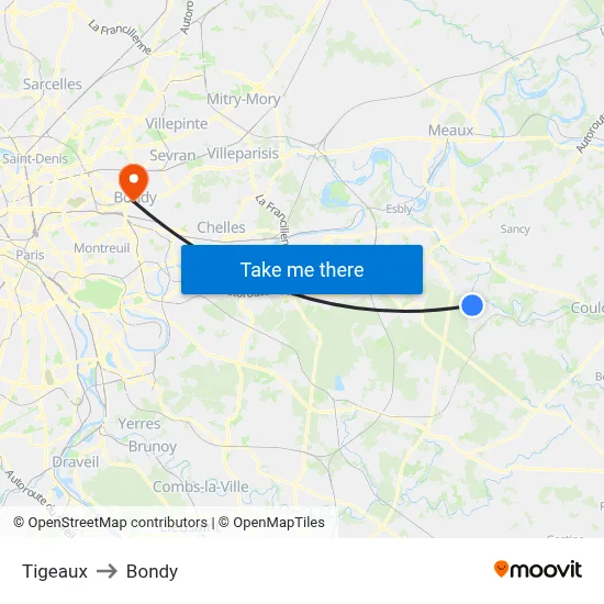 Tigeaux to Bondy map