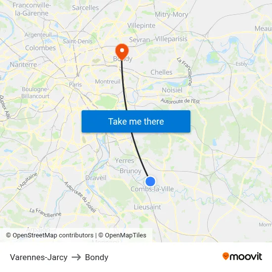 Varennes-Jarcy to Bondy map