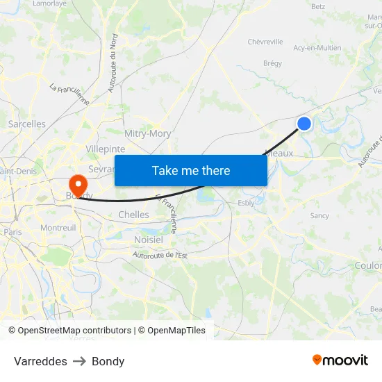 Varreddes to Bondy map