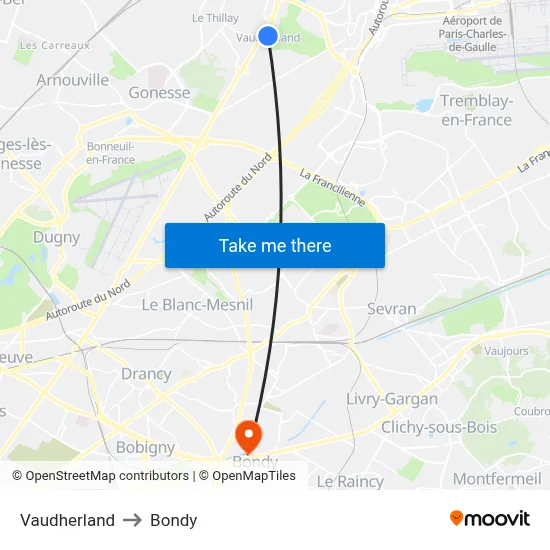 Vaudherland to Bondy map