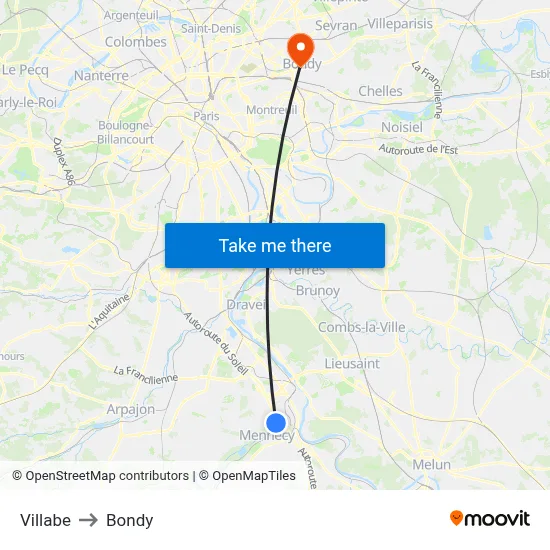 Villabe to Bondy map