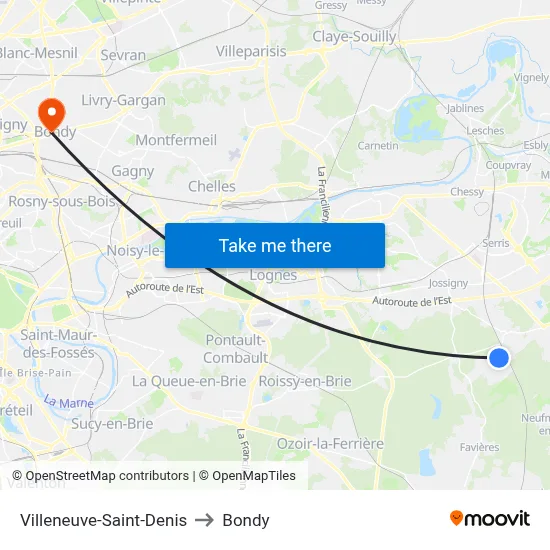 Villeneuve-Saint-Denis to Bondy map