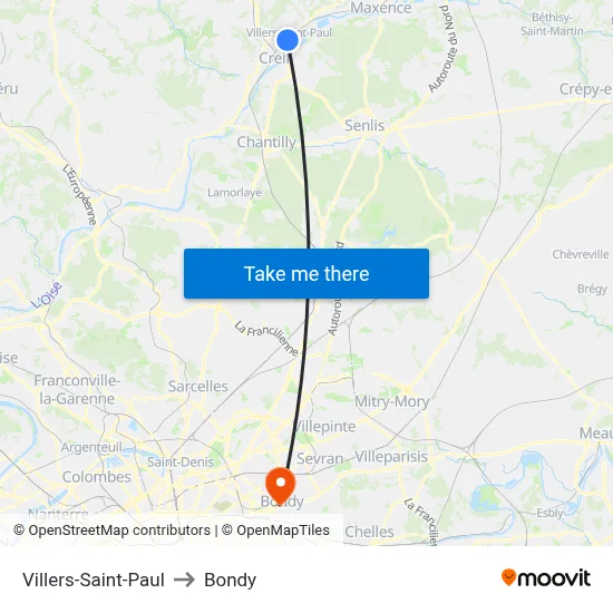 Villers-Saint-Paul to Bondy map