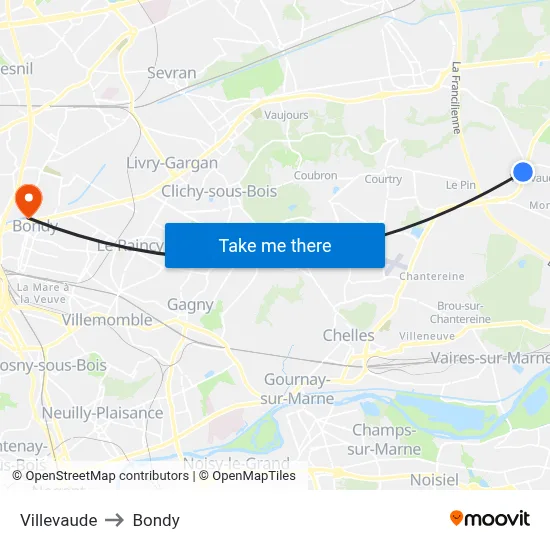 Villevaude to Bondy map