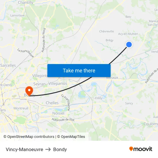 Vincy-Manoeuvre to Bondy map