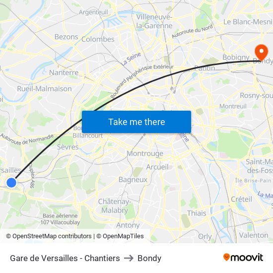 Gare de Versailles - Chantiers to Bondy map