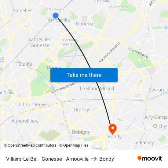 Villiers-Le-Bel - Gonesse - Arnouville to Bondy map