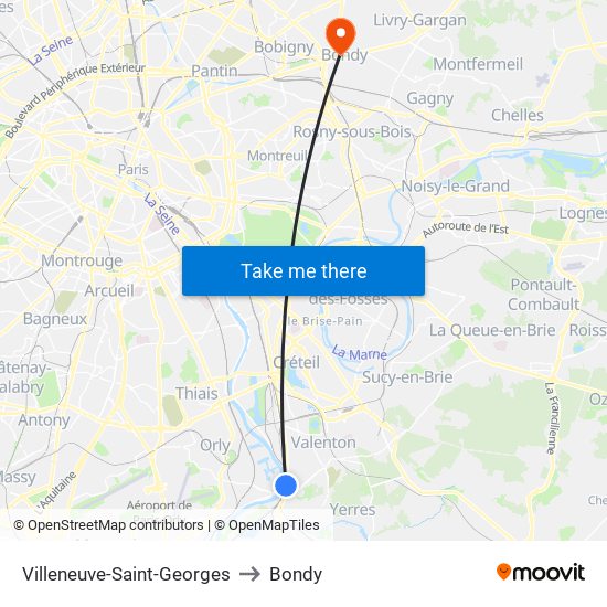 Villeneuve-Saint-Georges to Bondy map