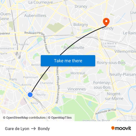 Gare de Lyon to Bondy map