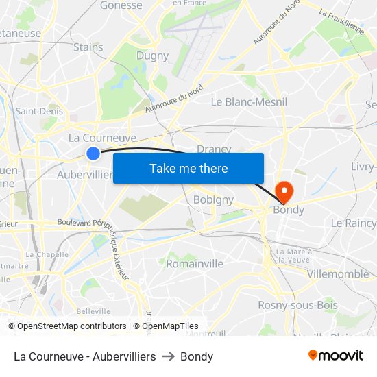 La Courneuve - Aubervilliers to Bondy map