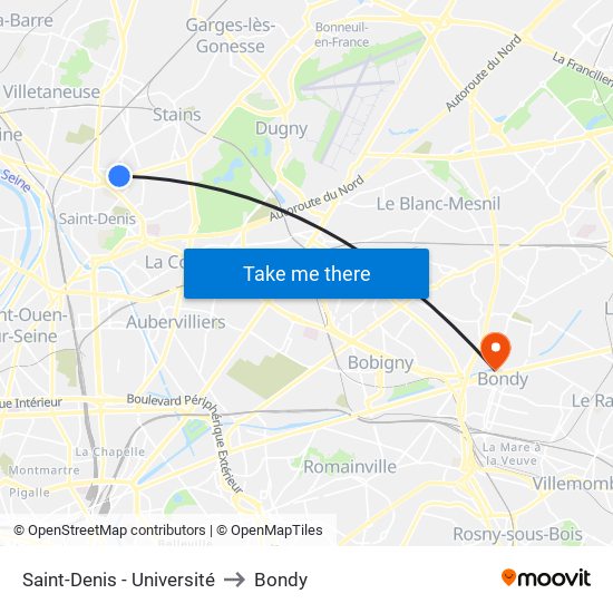 Saint-Denis - Université to Bondy map