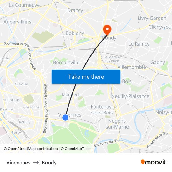 Vincennes to Bondy map