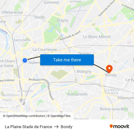 La Plaine Stade de France to Bondy map