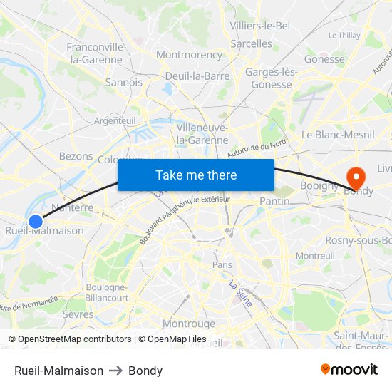 Rueil-Malmaison to Bondy map