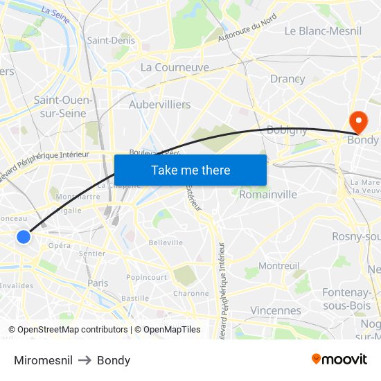 Miromesnil to Bondy map