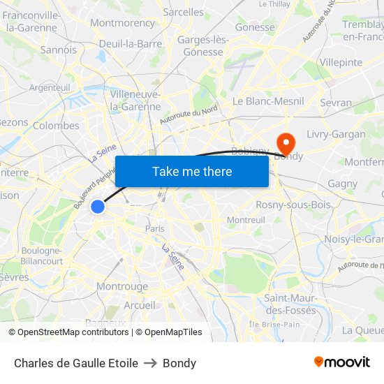 Charles de Gaulle Etoile to Bondy map