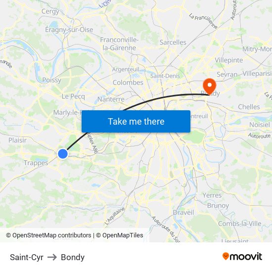Saint-Cyr to Bondy map