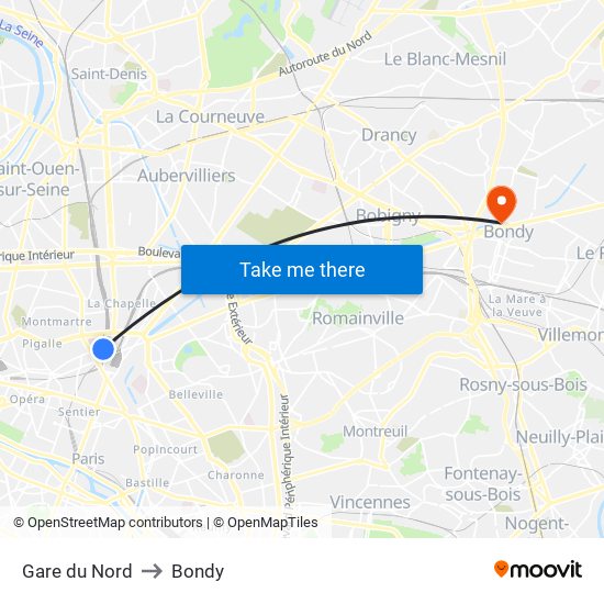 Gare du Nord to Bondy map