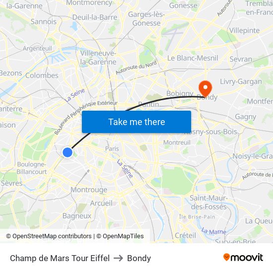 Champ de Mars Tour Eiffel to Bondy map