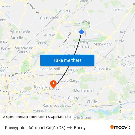 Roissypole - Aéroport Cdg1 (D3) to Bondy map