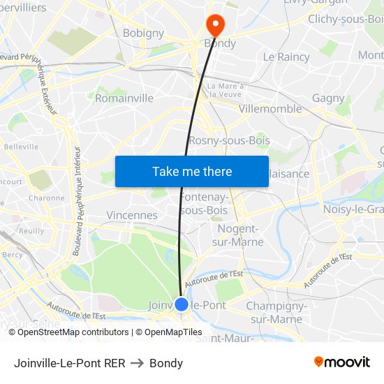 Joinville-Le-Pont RER to Bondy map