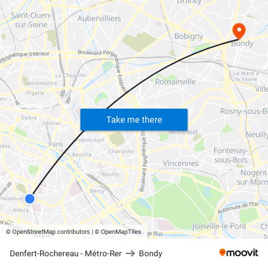 Denfert-Rochereau - Métro-Rer to Bondy map