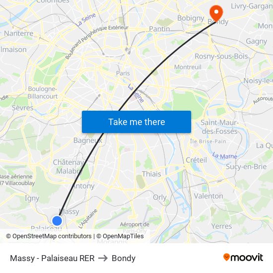Massy - Palaiseau RER to Bondy map