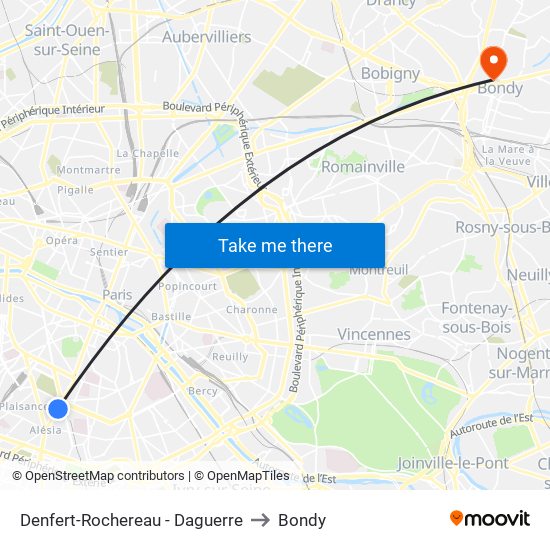 Denfert-Rochereau - Daguerre to Bondy map