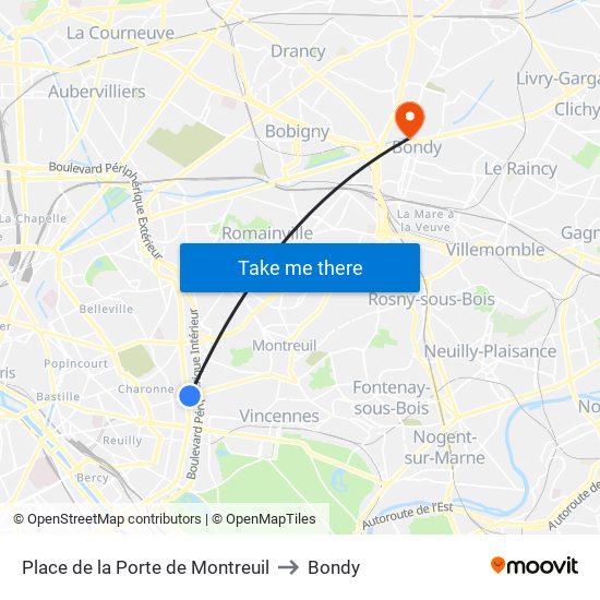 Place de la Porte de Montreuil to Bondy map