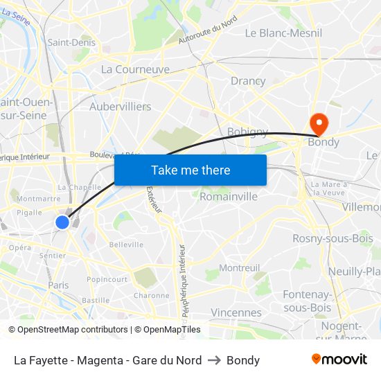 La Fayette - Magenta - Gare du Nord to Bondy map