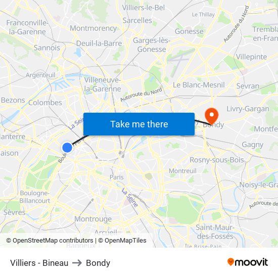 Villiers - Bineau to Bondy map