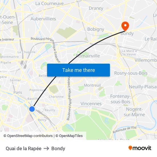 Quai de la Rapée to Bondy map